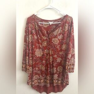 Lucky Brand Boho Floral Tunic Blouse Festival Peasant Top Sz 1X Artsy Mature